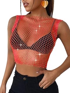 ChiaoLezhee Iridescent Rhinestone Crop Top, Rave Concert Festival Outfits Women, Sexy Sparkly Fishnet Tanks, Sheer Mesh Shirt