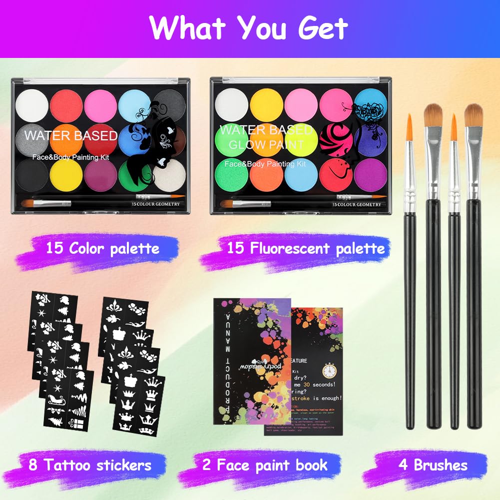 URAQT Body Painting, 30 Colori Pittura di Corpo con 4 Pennelli e 8 Stencil, Non Tossico Fluo Colori Trucco Viso a Base d'acqua, Truccabimbi Halloween per Pelle Viso Corpo, Festa, Carnevale