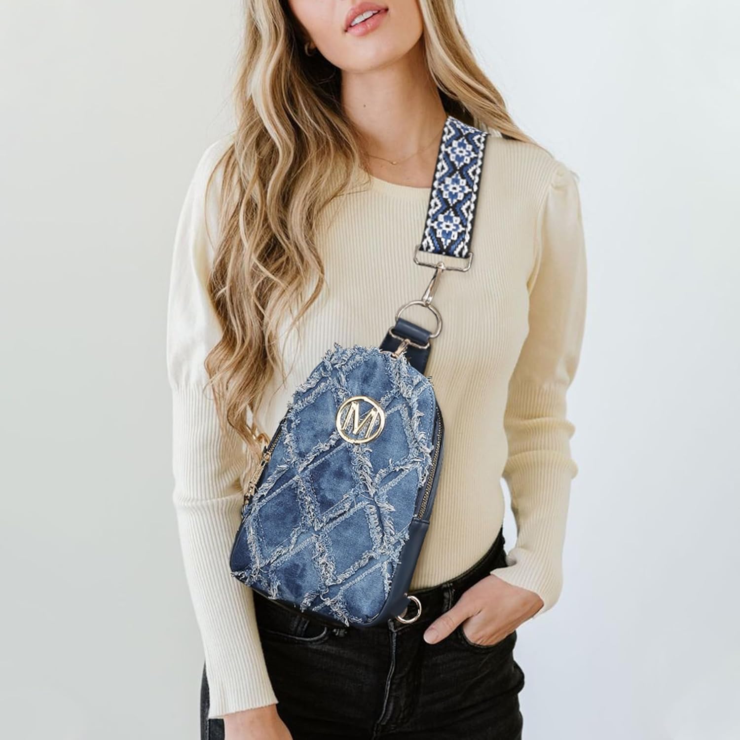 Small Denim Sling Bag for Women Quilted Crossbody Distressed Jean Fanny Packs Chest Bag with Wide Strap - Image 3