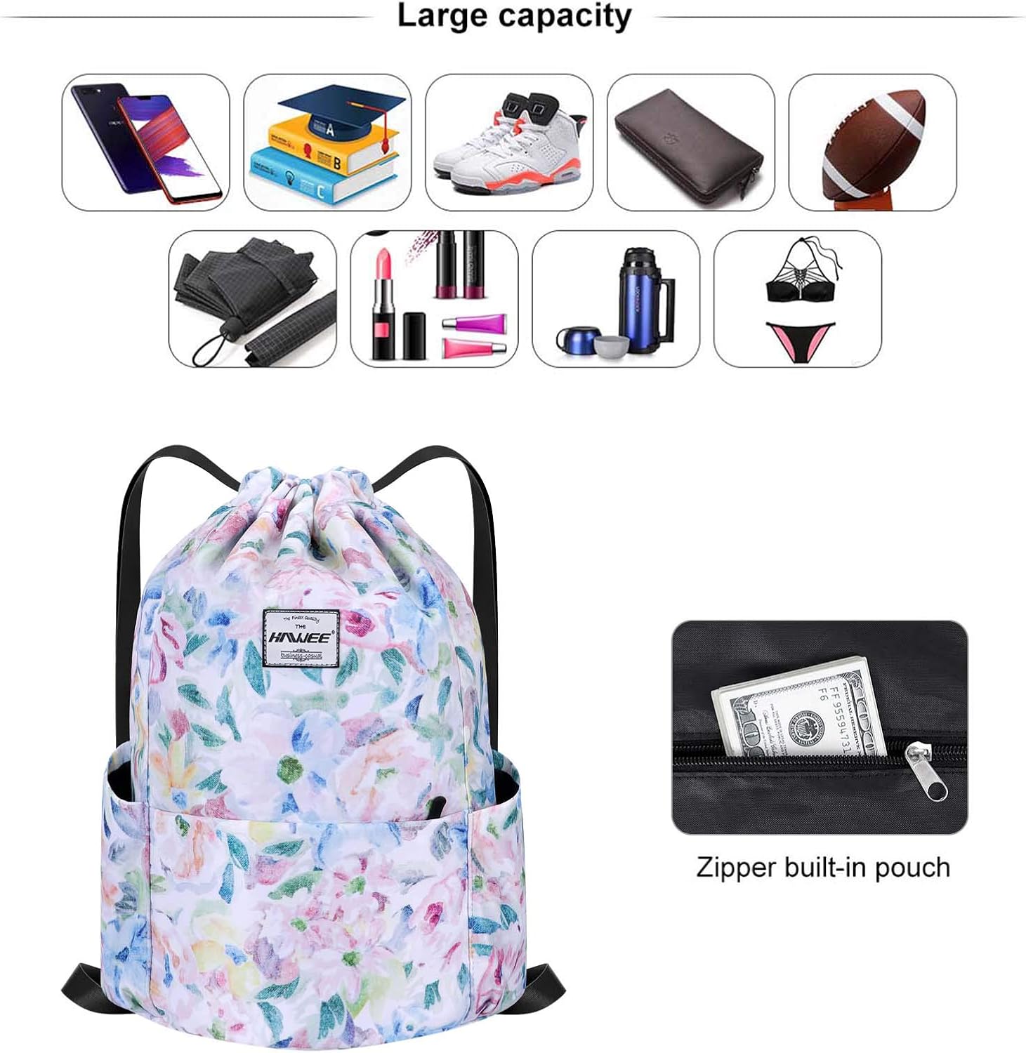 HAWEE Waterproof Drawstring Bags Backpack Large Gym Bag Drawstring Daypack Unisex for Women Men Daily Life Outdoor Casual Sport Yoga School Beach Swim - Image 4