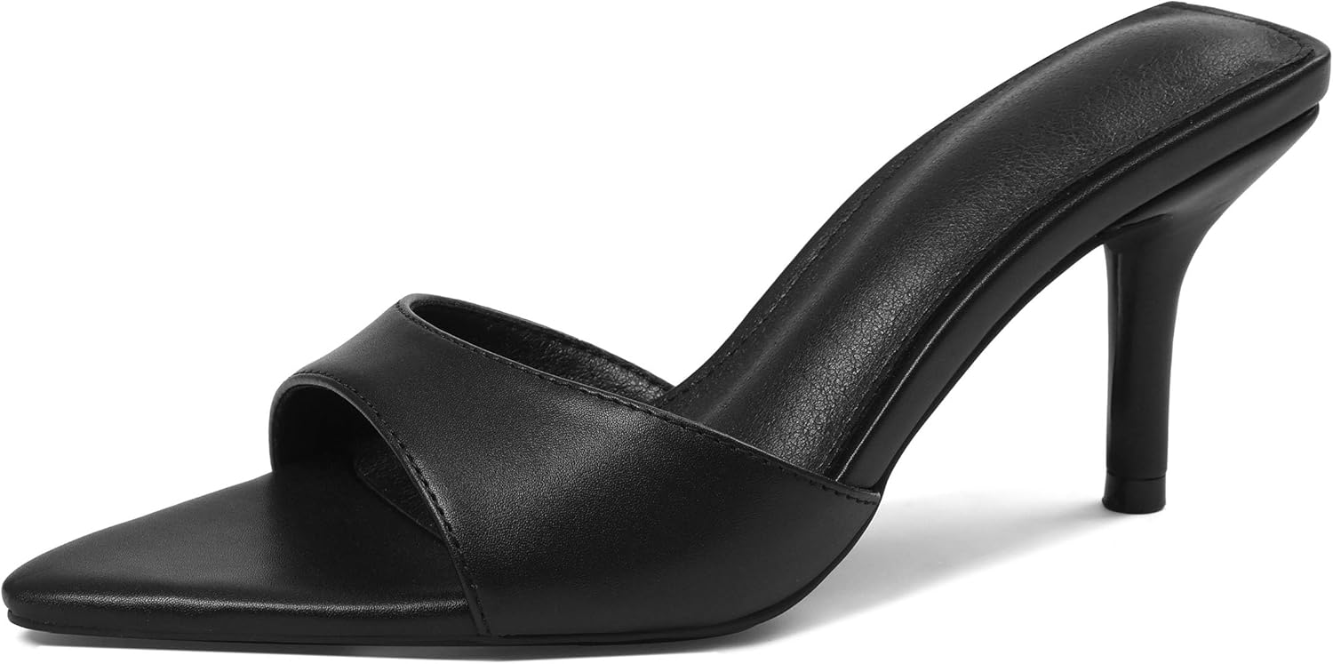 Celbreez Black Kitten Heels Mules Summer Sandals for Women Black Heels Pointed Open Peep Toe High Heels Backless Stiletto Slingback Slip On Sandals Women Dress Daily Party Shoes