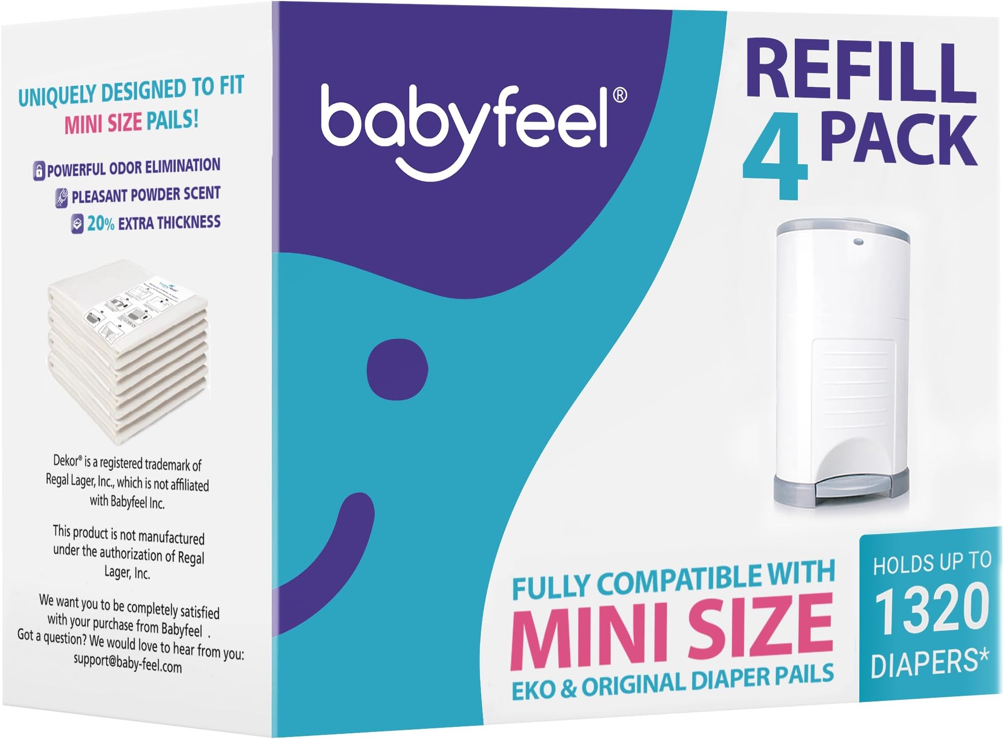 Refills Compatible with DEKOR MINI Diaper Pails | 4 Pack | Exclusive 20% Extra Thickness | Diaper Pail Refills with Powerful Odor Elimination | Powder Scent | Holds up to 1320 Diapers