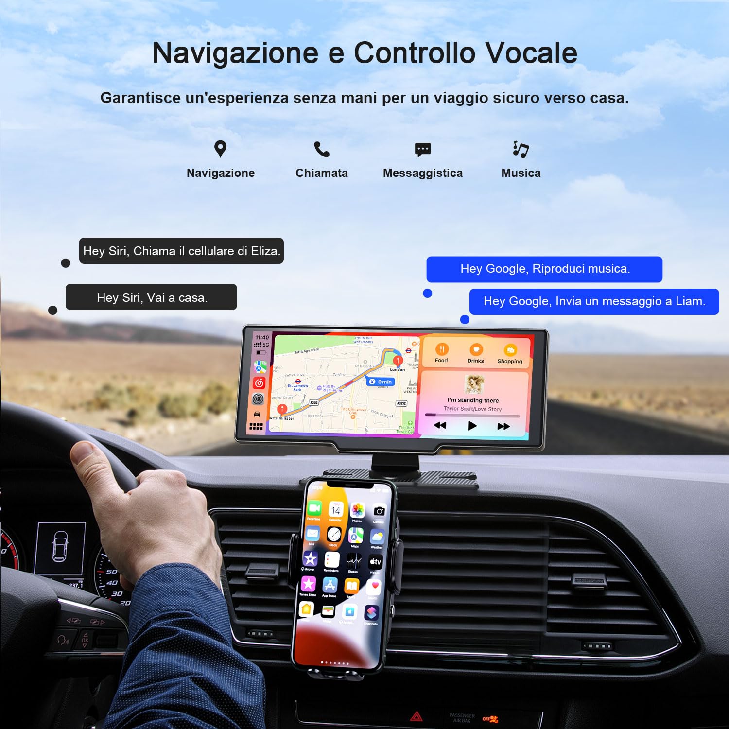 Avylet Schermo per auto 9.26 pollici,Wireless Carplay e Android Auto, con Dash Cam 4K, Fotocamera Posteriore HD, Schermo Touch, Controllo Vocale, Navigazione GPS, Mirror Link, Bluetooth, AUX, FM