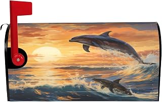 Sunset Ocean Dolphin Mailbox Covers Magnetic Standard Size Sea Animal Decorative Post Letter Box Wraps Waterproof Mailbox for Garden Yard Home Holiday Decor
