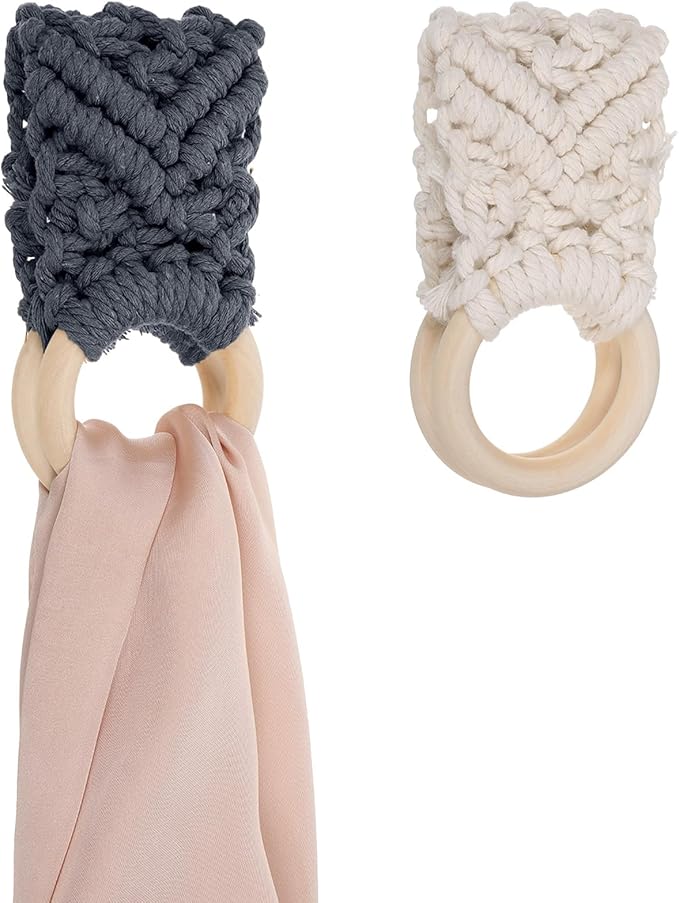 2 Pcs Handmade Crochet Dish Towel Holder Boho Kitchen Dish Towel Holders Knit Towels Hanger Hanging Towels Loop Rings for Kitchen Bathroom Cabinet House Decorative Housewarming Mom Chef