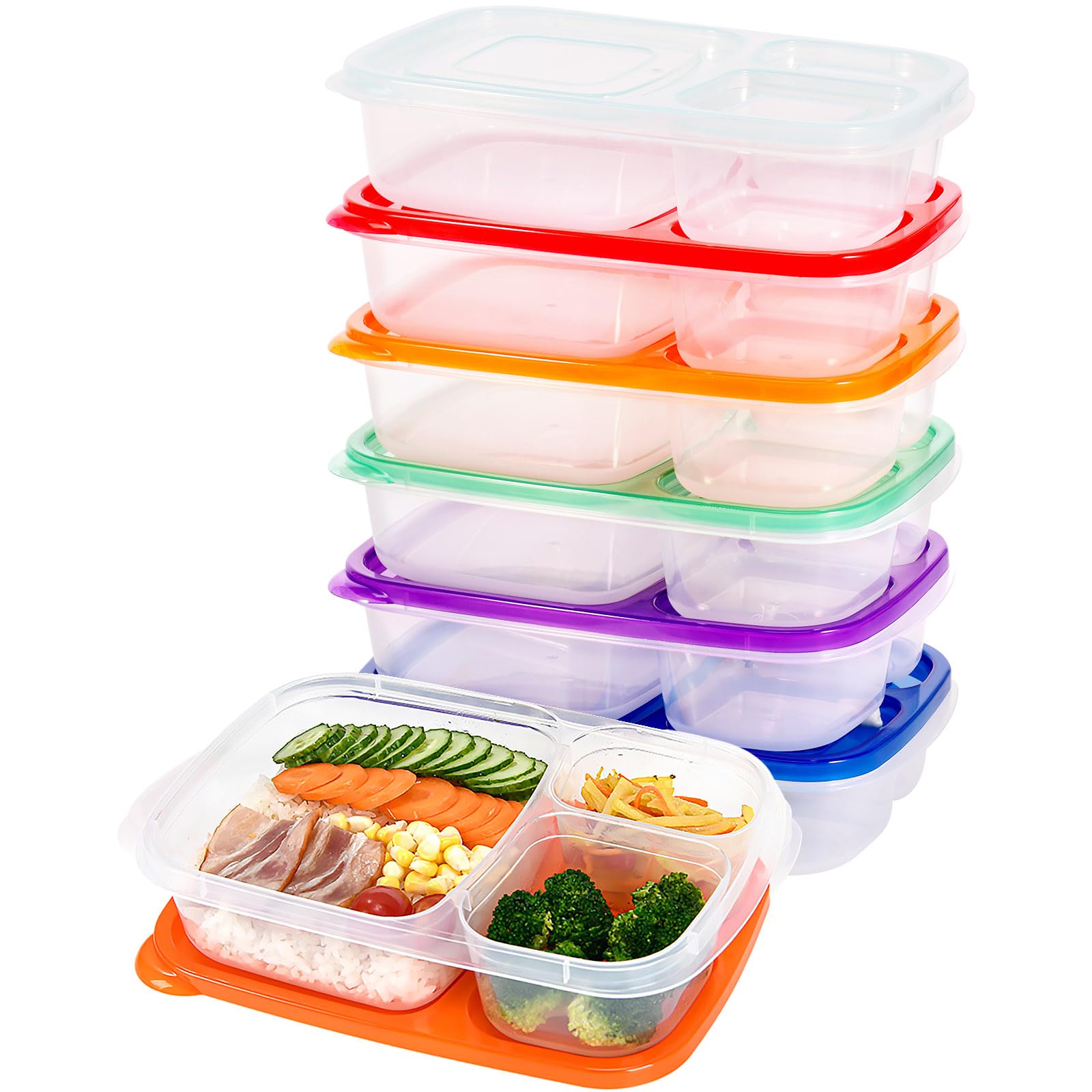 7 Pack 3 Compartment Meal Prep Containers Food Containers BPA Free Plastic Reusable Food Trays with Airtight Lids 800ml /30oz Boxes Stackable Microwavable Freezer Dishwasher Safe