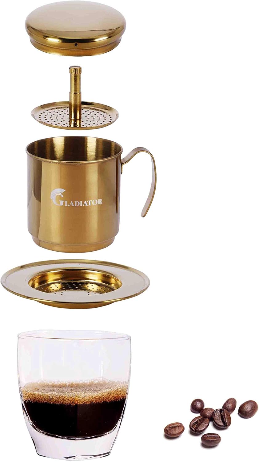 Vietnamese Coffee Maker Filter Phin, Small French Press Portable Cup, Single Serve Coffee Makers, Gift for coffee lovers (Gold, 1)