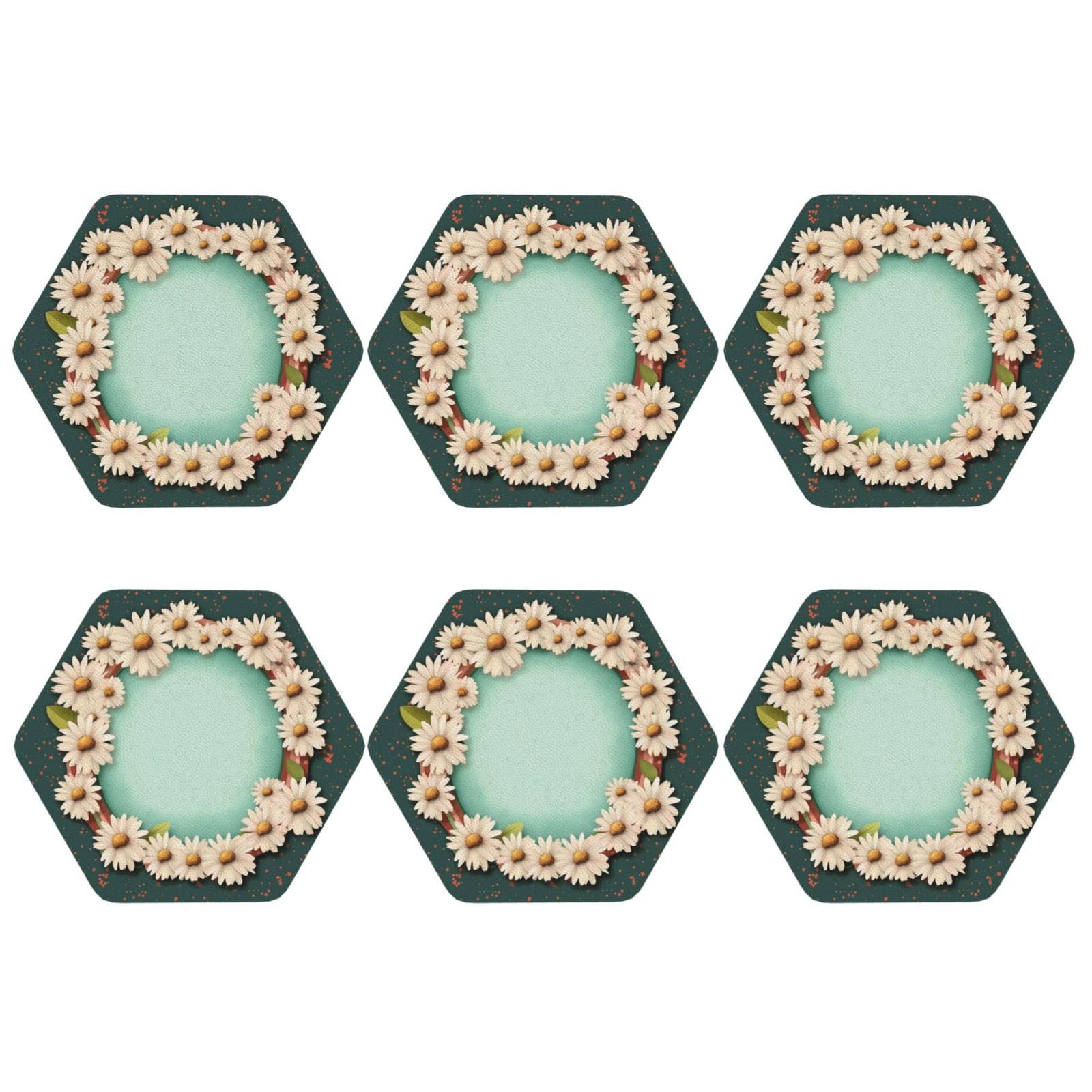 6pcs Leather Coasters for Drinks, with Daisies and Frame Drink Coasters for Tabletop Protection, 4" Cup Coasters for Coffee Table Decor, Non-Slip Drinking Cup Mat for Hot Or Cold Drink