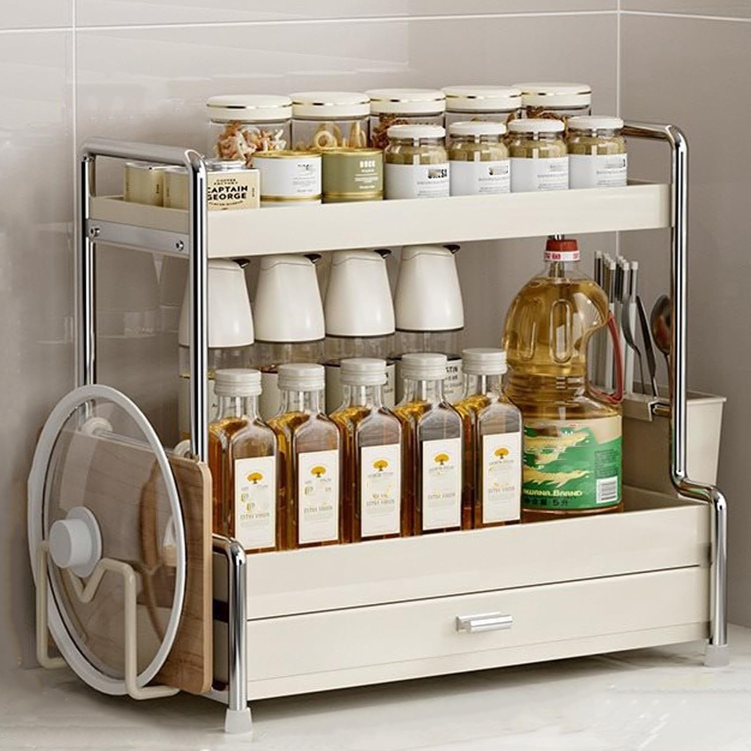 Home Furnishing Spice Rack Organizer with Cutting Board Rack and Chopstick Storage Rack Dish Drying Shelf with Drawer Kitchen Countertop Utensil Storage Shelf(with Rack and Tube,32 cm)