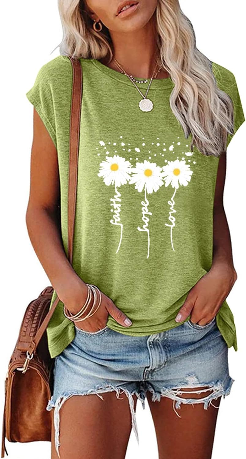 Womens Summer Tank Tops Crewneck Floral Print Loose Fit Raglan Sleeve Cute Graphic Tees T Shirts