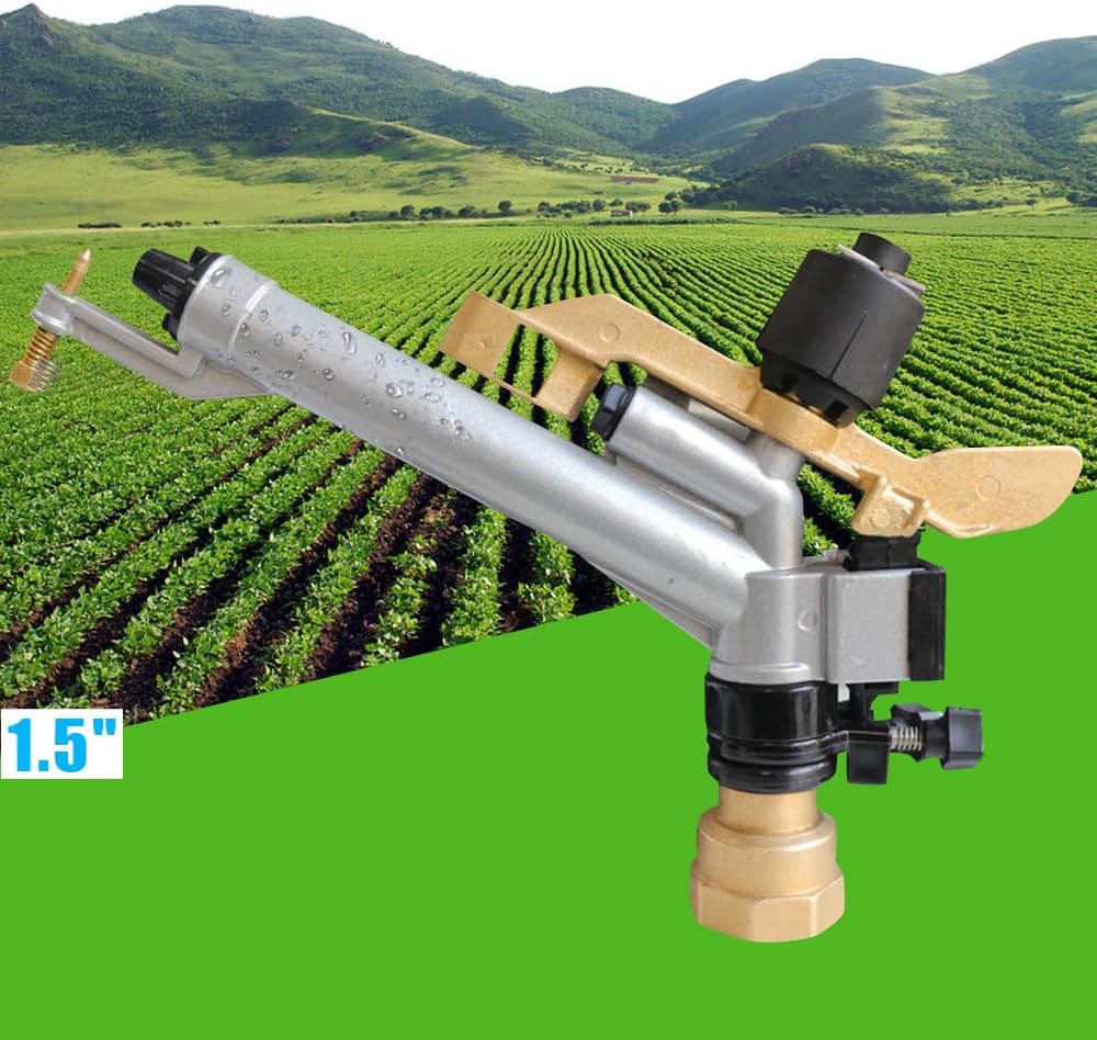1.5" Irrigation Impact Sprinkler Gun, Zinc Alloy Body, 360 Adjustable Rain Spray Gun, Large Area Water Irrigation Tool for Agriculture Lawn
