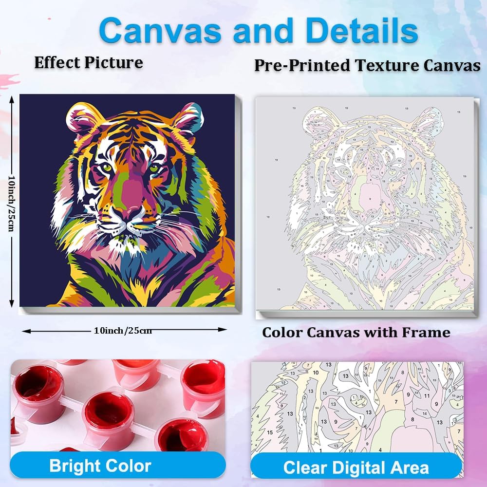 Artunion Framed Paint by Numbers Kit for Adults Beginners & Kids Ages 8-12,Colorful Tiger Paint by Number with Frame, Animals Paint by Numbers Kit on Canvas 10 * 10 Inch Without Easel image 3