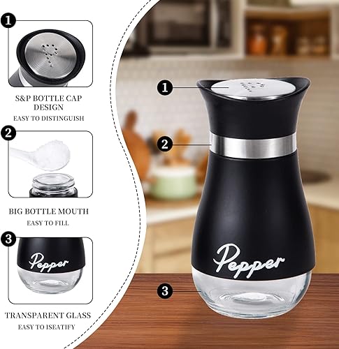 Miniatura 2 de Juego de 2 saleros y pimenteros, recargable con tapa de acero inoxidable, recipiente para especias, botella para cocina, restaurante, picnic (negro)