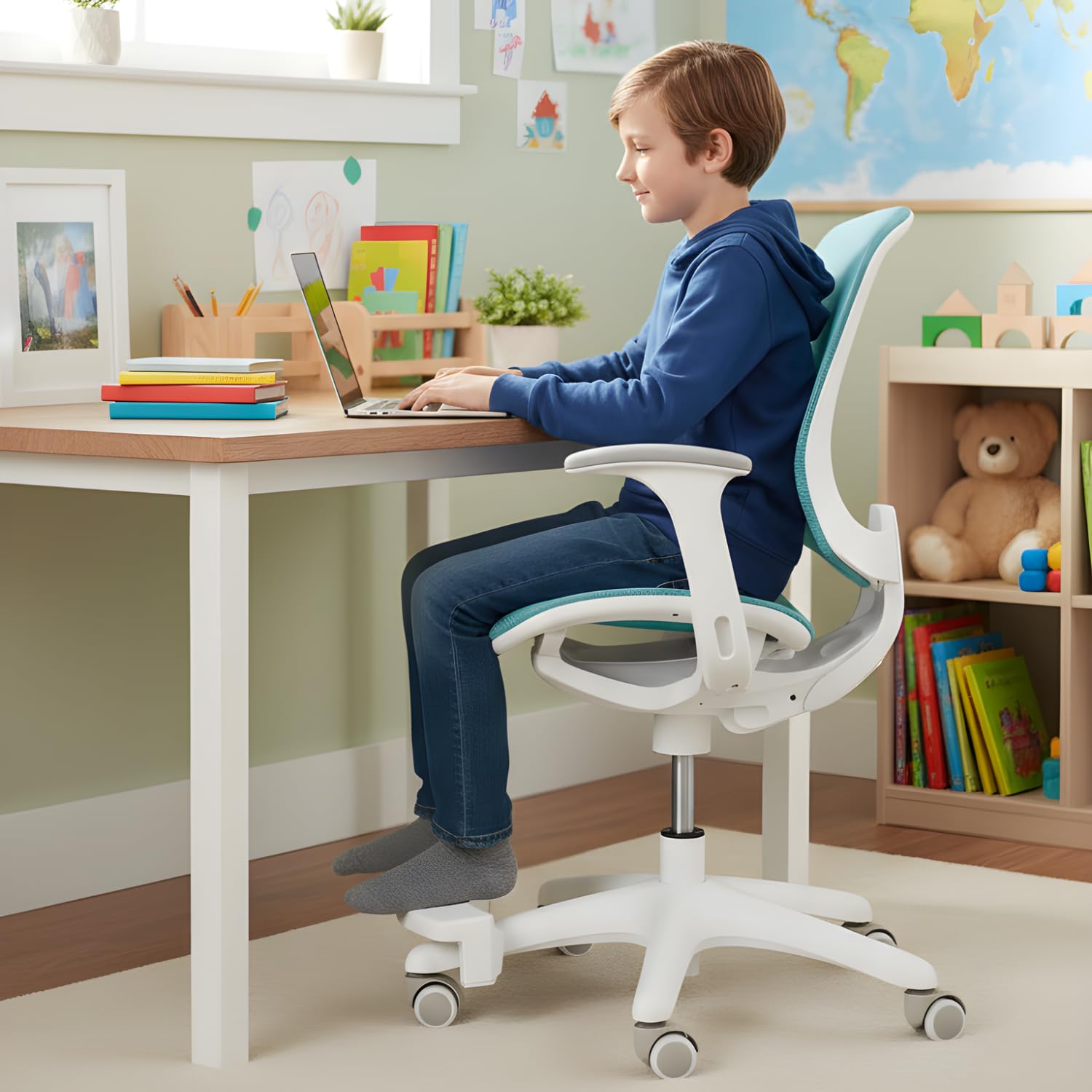 Spacetronik Schreibtischstuhl Kinder - Kinder-Drehstuhl mit Fußstütze - Kinderstuhl 5-14 Jahre - Bürostuhl mit verstellbarem Rücken und Sitz - Ergonomischer Stuhl - Sitzhöhe 42-49,5 cm