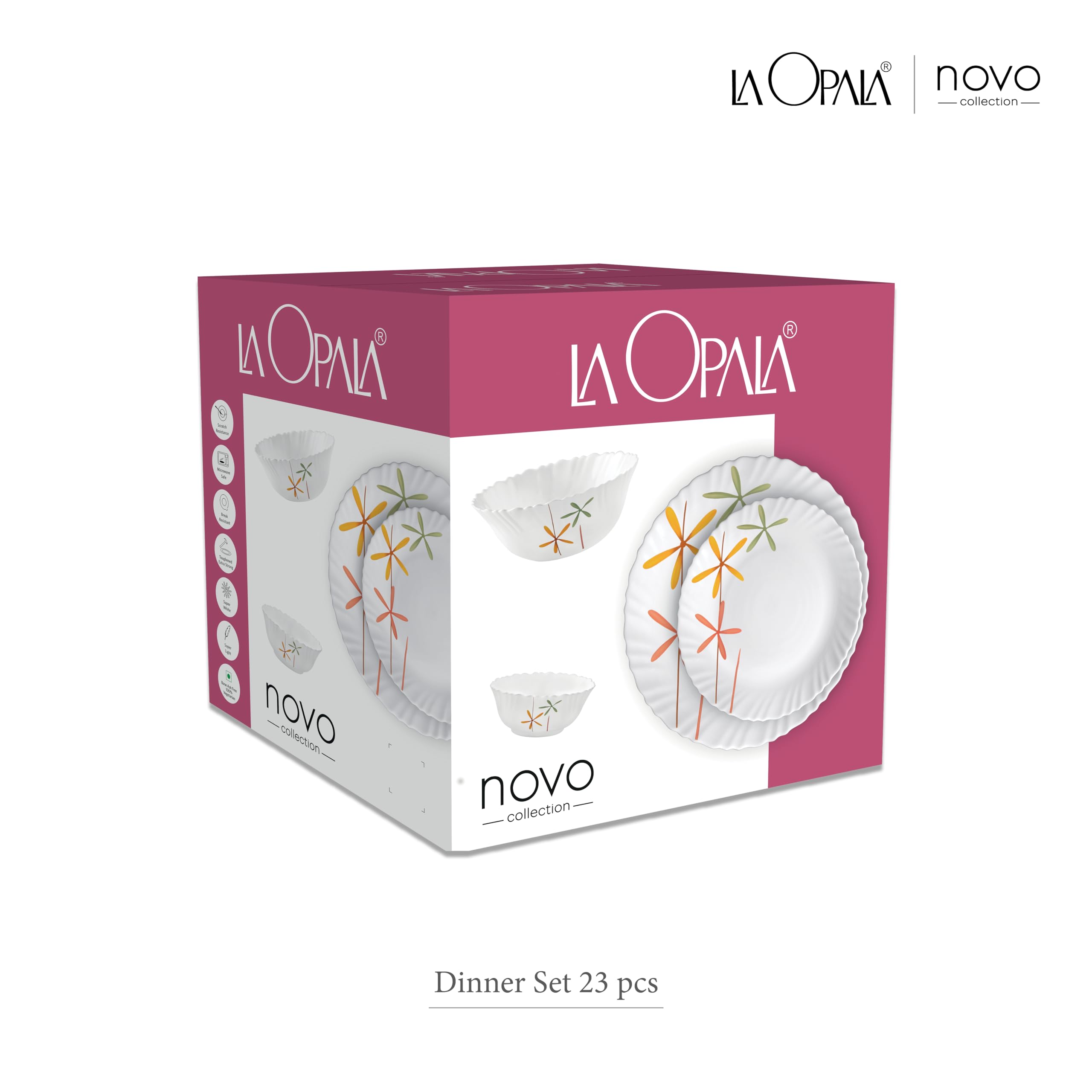 La Opala, Novo Collection, Opal Glass Floral Dinner Set 23 Pcs, Coral Charm, White 4