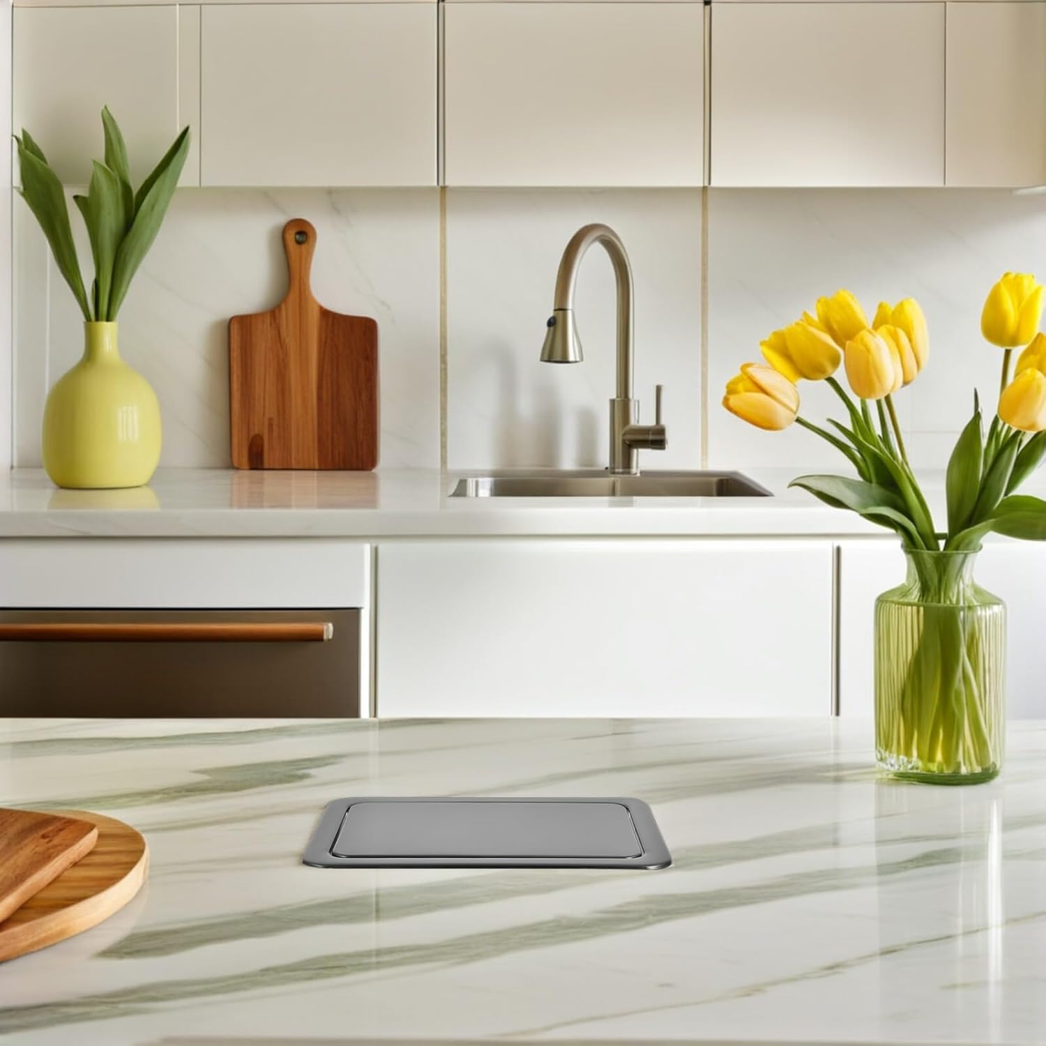 Luxshiny Recessed Stainless Steel Trash Can Lid with Swing Flap Cover, Built-in Countertop Garbage Bin Lid for Kitchen and Bathroom Waste Management