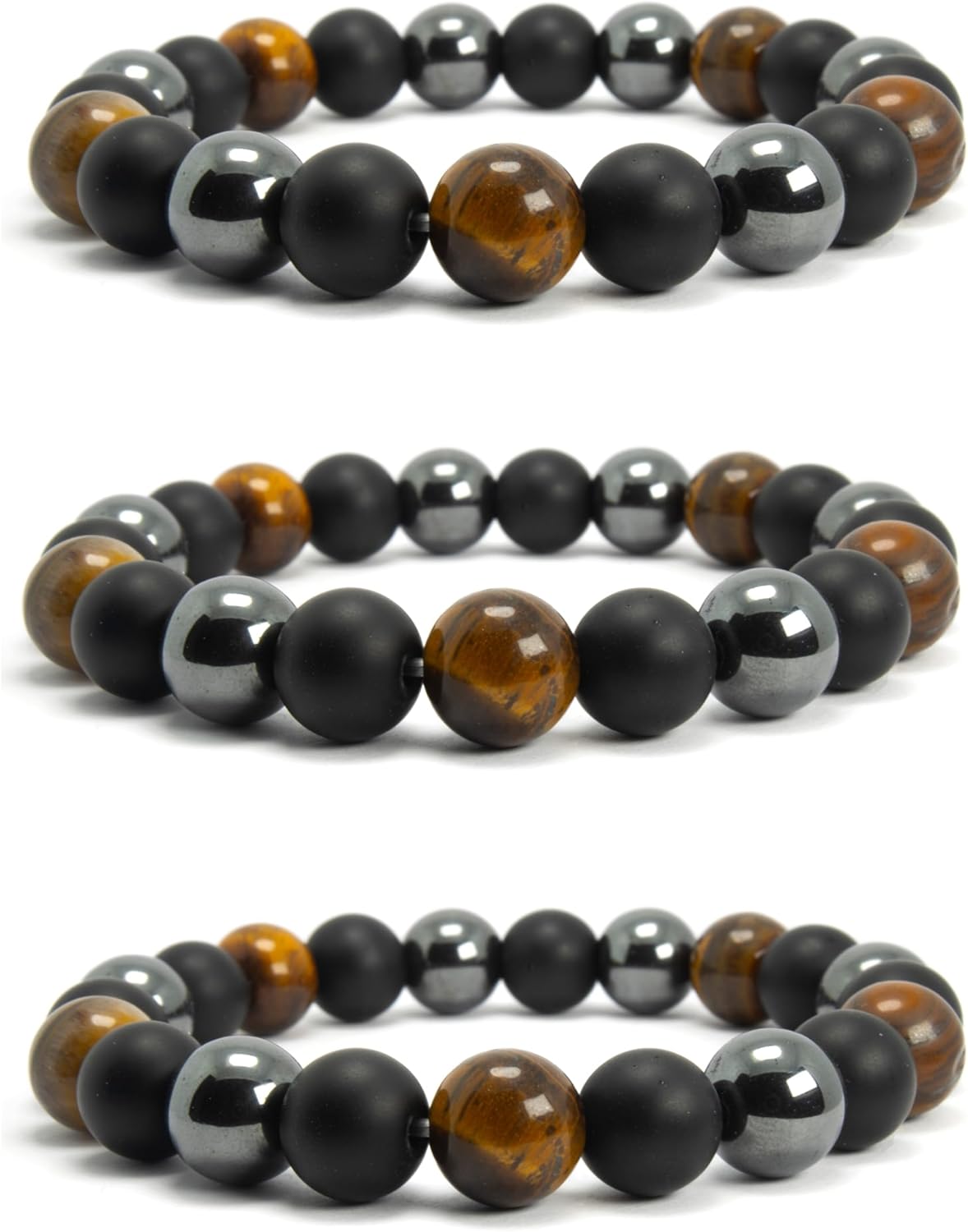 Tiger Eye Bead Bracelet for Women Men Girls Teens Adults - Triple protection bracelet - Matte Onyx Beads and Hematite Beads Meditation Jewelry 10mm Stretch Bracelet