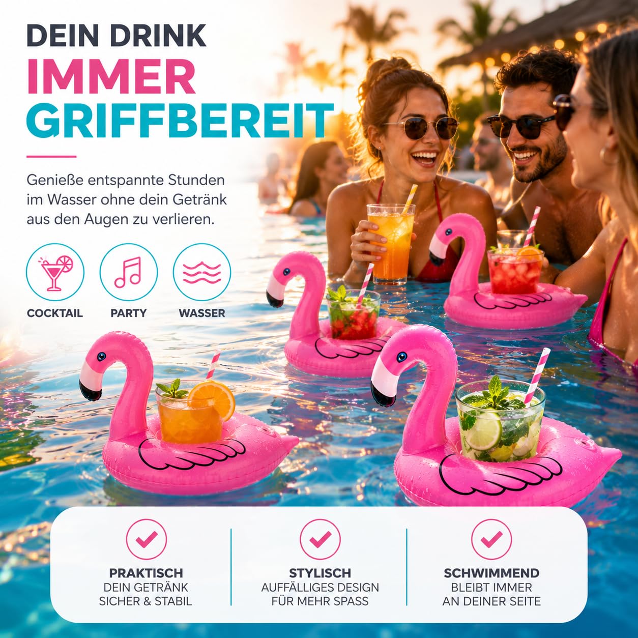 SwimAlot® Soporte Bebidas Inflable Con Forma De Flamenco – Flotador Para Piscina, Soporte Para Cócteles, Cerveza Y Vasos – Un Toque Divertido Para Tus Días De Verano
