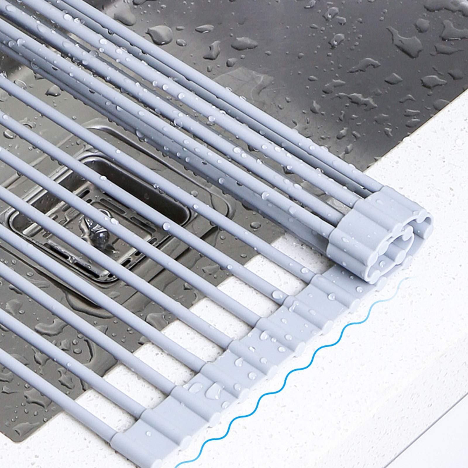 DAMAI Rejilla para secar Platos sobre el Fregadero Enrollable de Acero Inoxidable Revestido de Silicona Rejilla para escurrir Platos de Cocina Plegable Multiusos