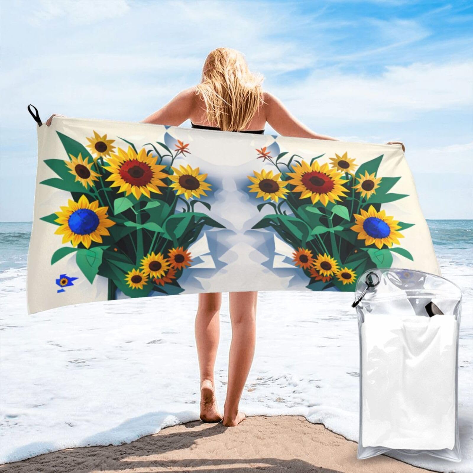 Jiuty White Sunflower Bee Print Fast Dry Beach Towel Portable For Swimming Travel Gym Hiking Gift