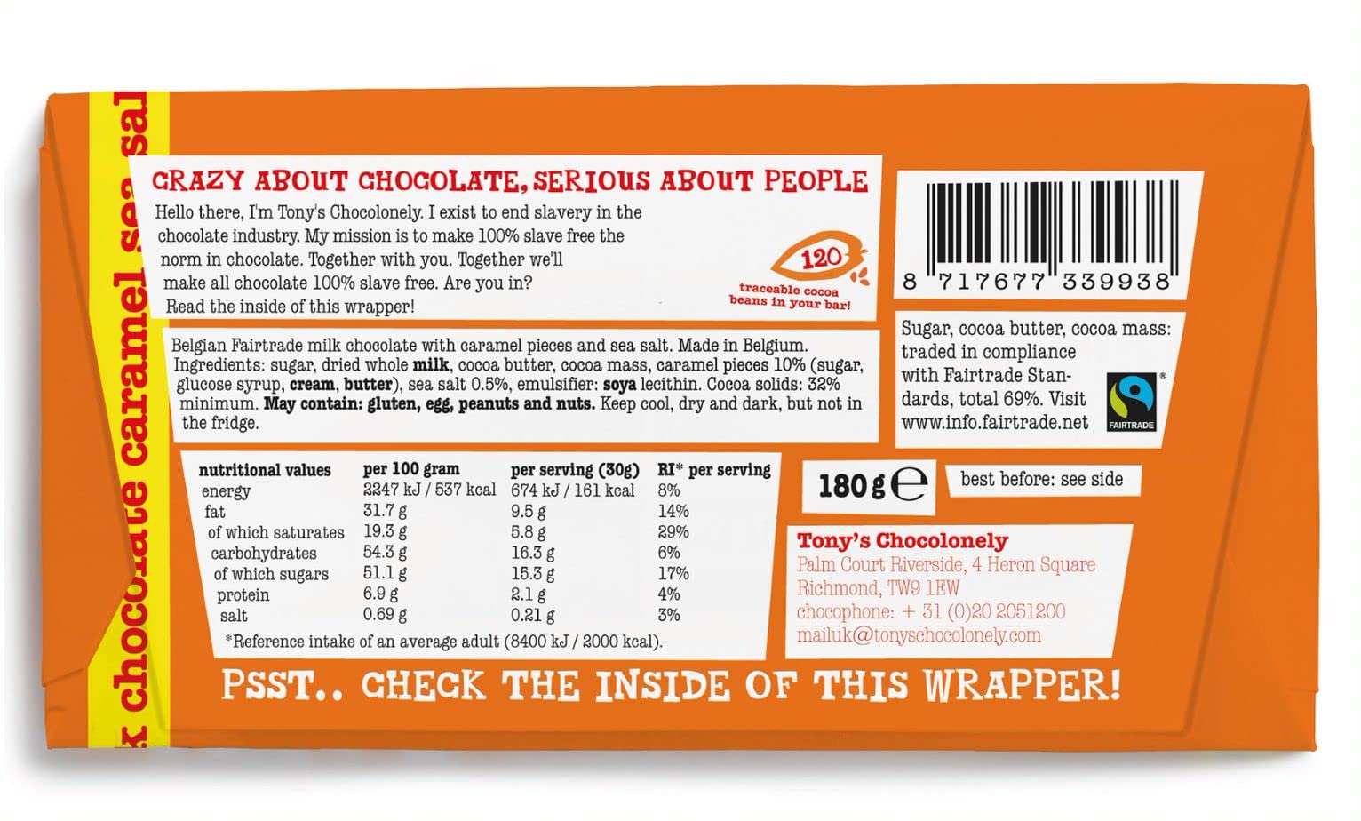 TONY'S CHOCOLONELY - Vollmilchschokolade mit Karamell & Meersalz 15x180 g. Fairtrade Schokolade mit Karamellstückchen & Meersalz. Ohne Palmöl, hergestellt in Belgien
