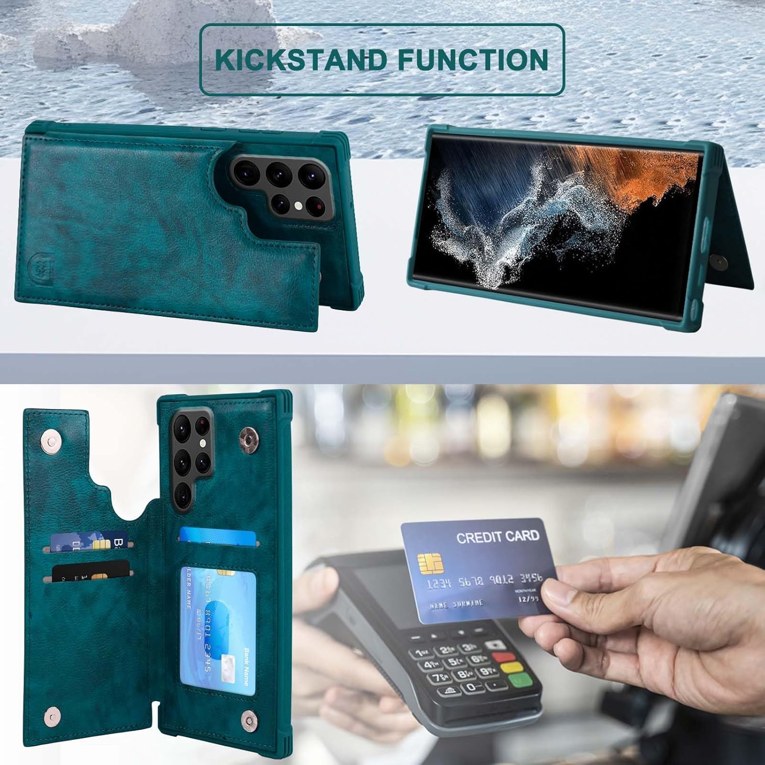 VANAVAGY Compatible for Galaxy S22 Ultra Wallet Case with RFID Blocking Card Holder, PU Leather Magnetic Clasp Kickstand Flip Phone Case Fits Car Mount for Women Men,Midnight Green