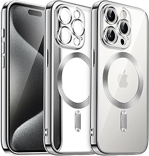 ELMO3EZZ Soft Clear Case for iPhone 15 Pro 6.1 Inch, Camera Protection Full, Compatible with MagSafe Wireless Charging, Shockproof Electroplated TPU Mobile Phone Case (Sliver)