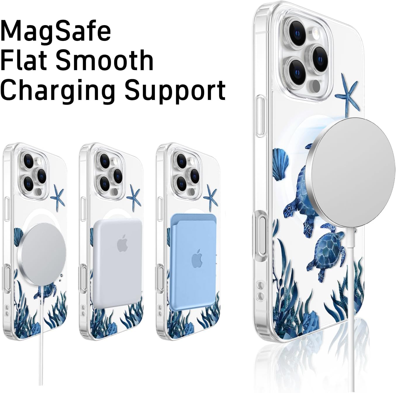 Summer Clear Phone Case for iPhone 16 Pro Compatible with MagSafe, Sea Turtle Beach Blue Ocean Shell Water Grass Design Shock Proof Heavy-Duty Protection for Men Women Girls - Image 3