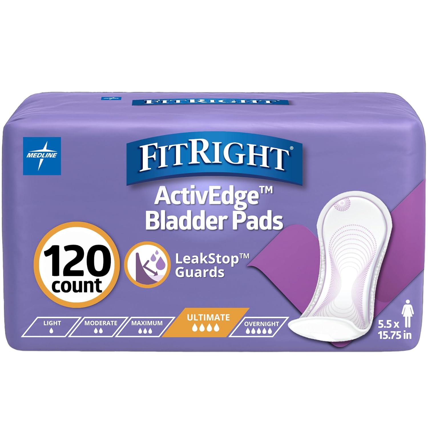 FitRight Incontinence Bladder Control Pads, Ultimate Absorbency, 5.5" x 15.75", 10 Count (Pack of 12)