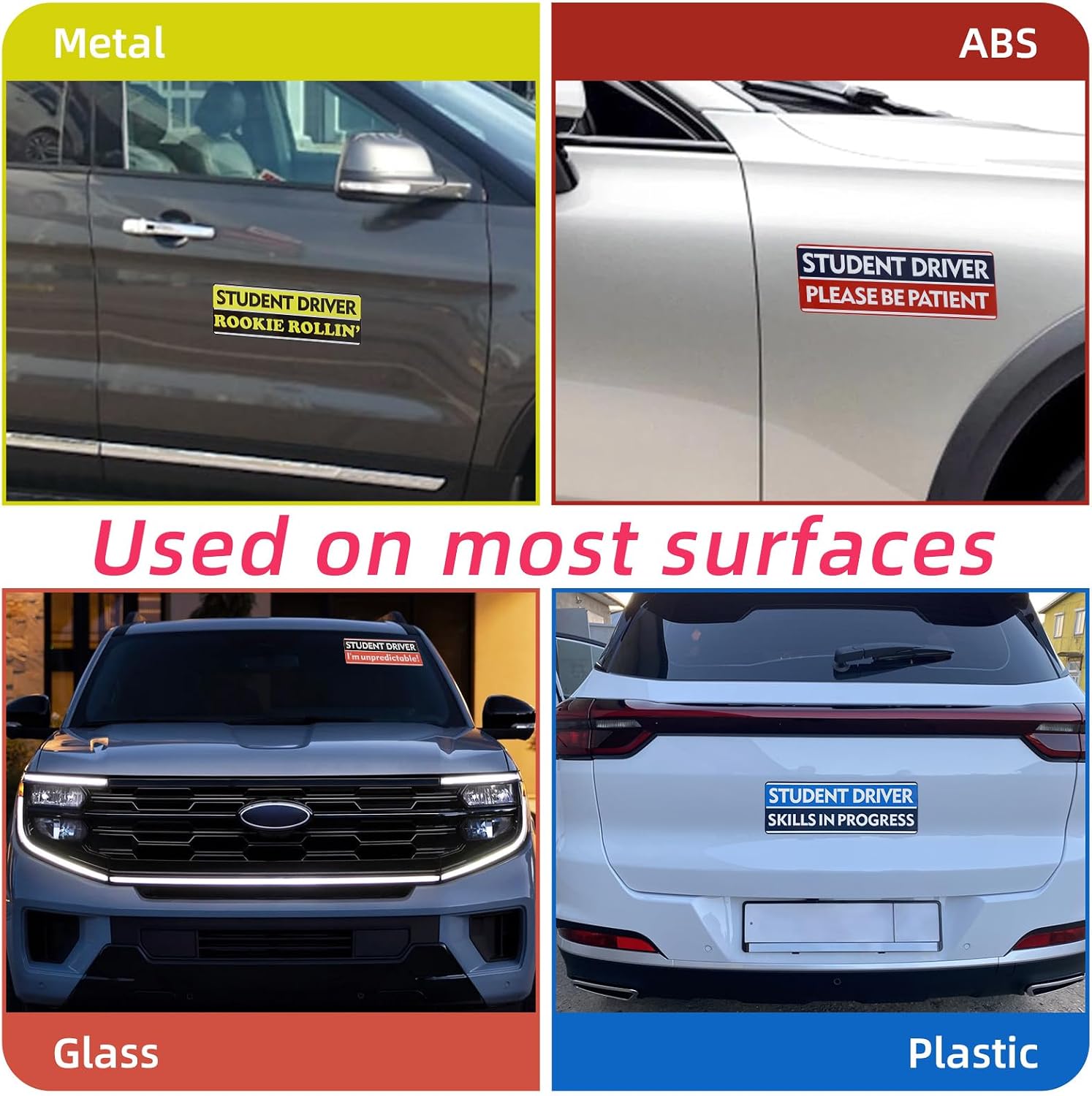 Ymapinc 4 PCS New Driver Funny Car Decals, Student Driver Sticker for Car Non-Magnetic Removable Vinyl Decal Student Stickers “I'm Unpredictable,No Tailgating,Please Be Patient,I'm Freaking Trying”