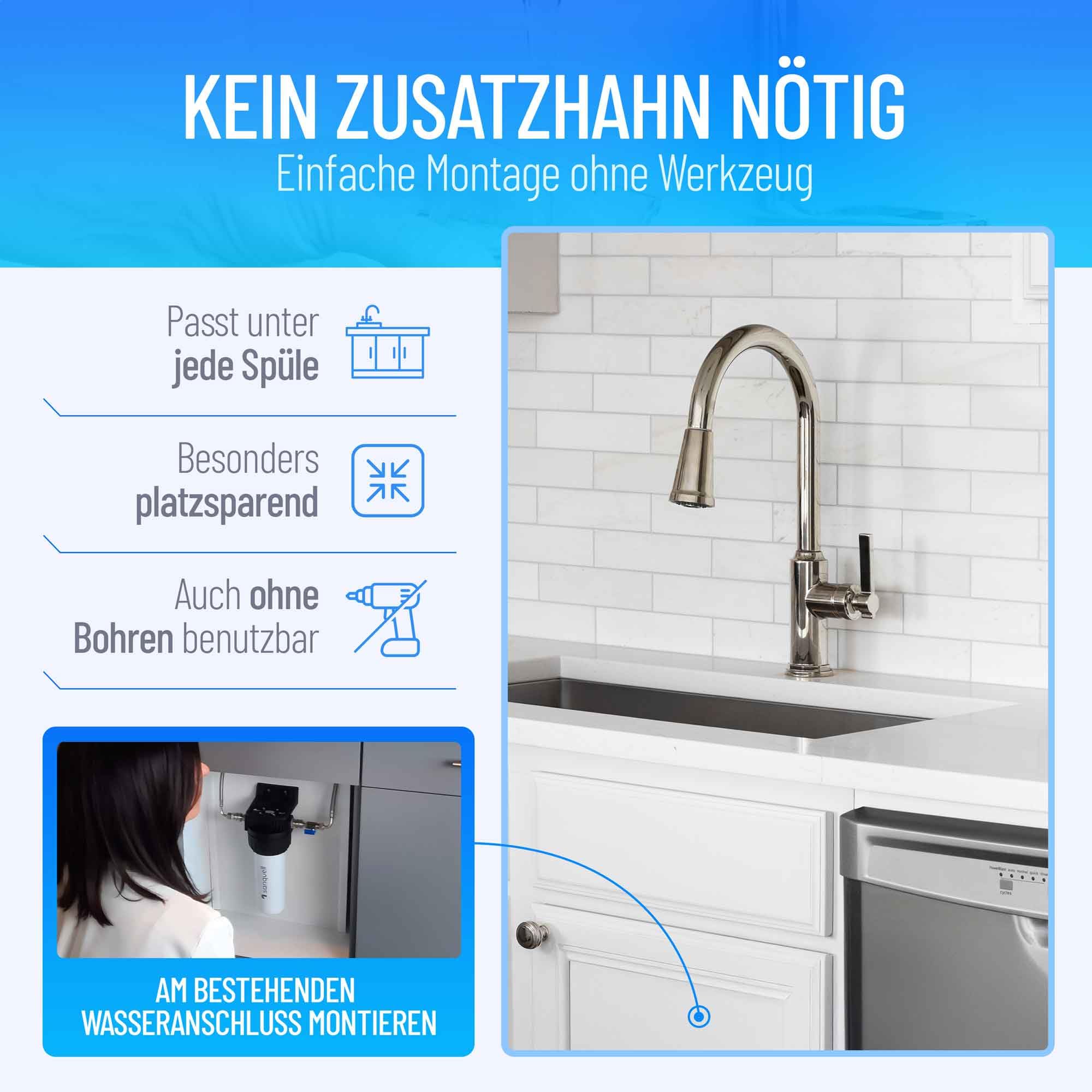 Premium Untertisch Wasserfilter, 8 Liter/Minute, entfernt 100 Schadstoffe, hohe Kapazität, kein separater Wasserhahn nötig, nachhaltiges Design, Made in Germany