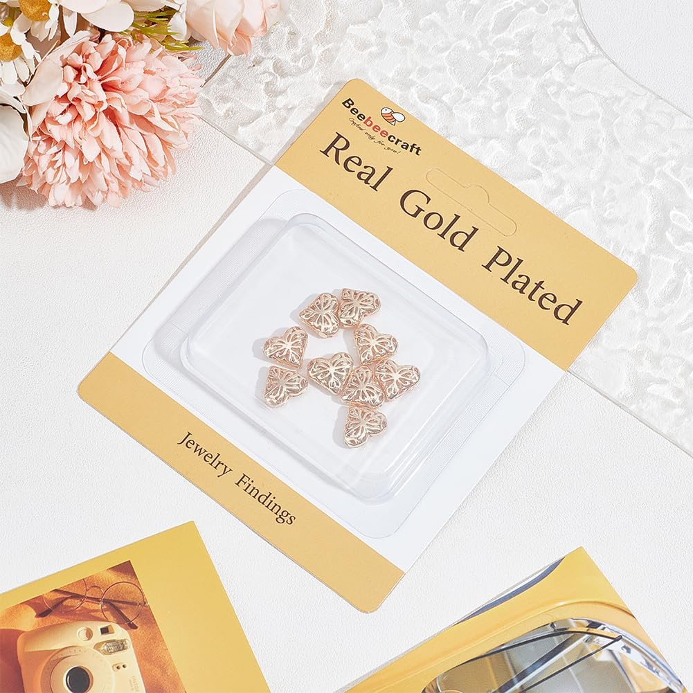 Beebeecraft 1 Box 10Pcs Hollow Heart Beads 18K Gold Plated Brass Love Spacer Loose Beads for Earrings Bracelet Waist Chain Necklaces Jewelry DIY Crafts