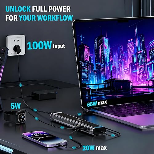 Miniatura 3 de Estación de acoplamiento para laptop, estación de carga universal todo en uno de carga rápida de 100 W con doble USB-C USB-A Hub 4K HDMI Ethernet
