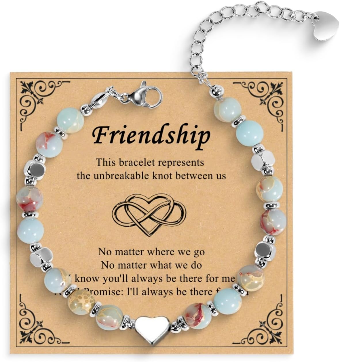 Best Friend Gift for Women Natural Stone Beads Friendship Bracelet with Heart Charm, Soul Sister Jewelry, Adjustable Stainless Steel BFF Gift