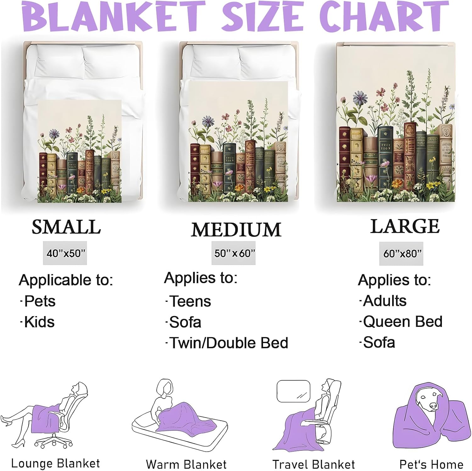 Vintage Book and Wildflower Throw Blanket for Boys Girls Kids Adults, Cozy Literary Garden Theme Flannel Blankets Gifts for Camping, Bedroom, Couch, Room Home Decor, 50"x60"