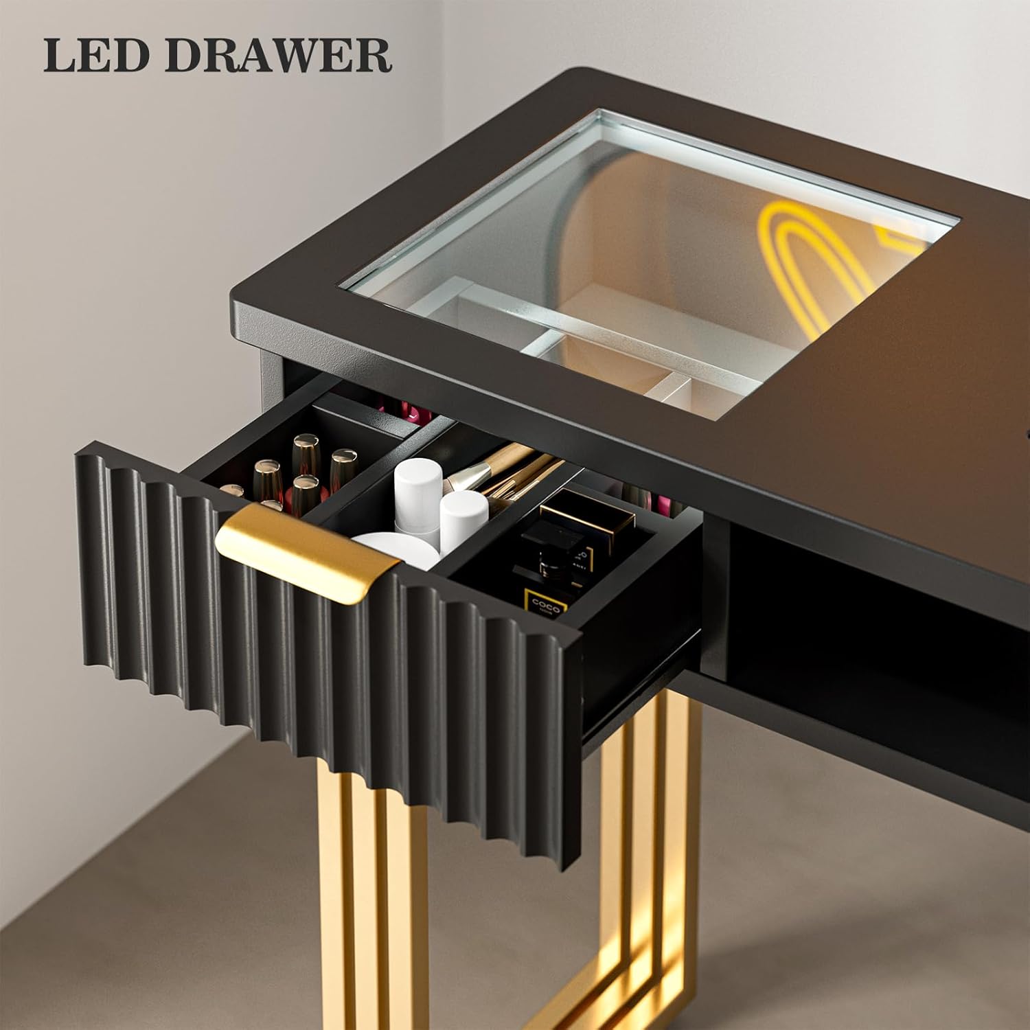 Manicure Table for Nail Tech, Nail Desk Station with Dust Collector, Acetone Resistant Beauty Salon Workstation w/4 Drawers, LED Light