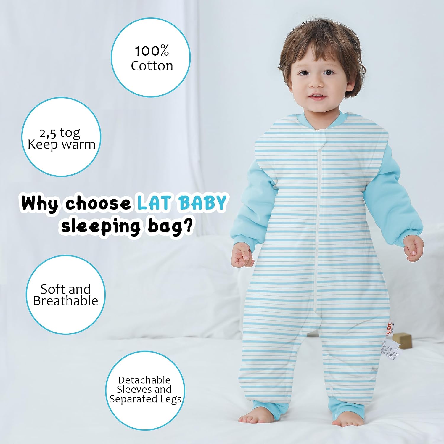 LAT Baby Sleep Bag with Feet Winter, Wearable Blanket, Warm Sack for Toddler Thicken 2.5 TOG-Removable Sleeves