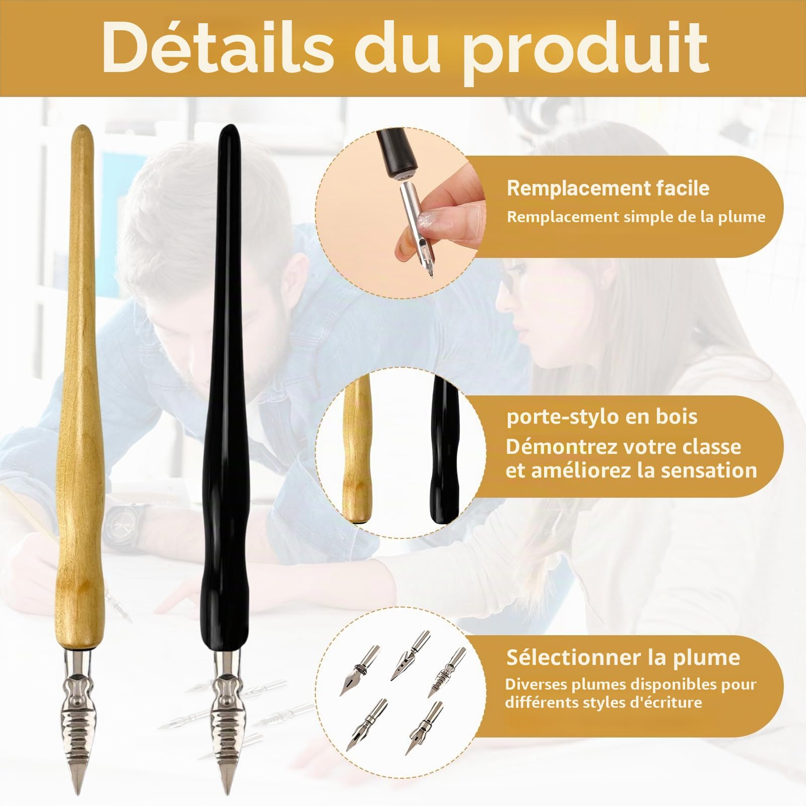 kit Calligraphie Plume avec 2 Porte-stylos Dip et 10 Plumes en Acier Inoxydable, Set écriture Artistique pour Dessin Manga Calligraphie débutant et Artiste confirmé, poignée Bois Ergonomique