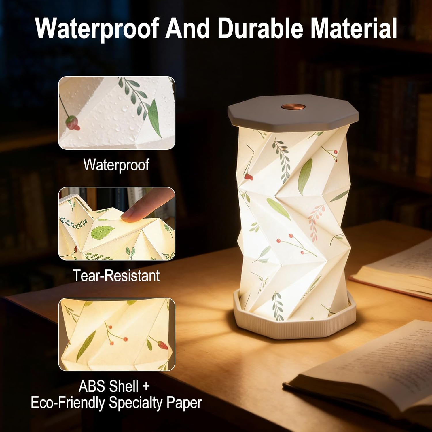 Portable Foldable Mini Night Light, Touch Control Dimmable USB Rechargeable Paper Lantern Lamp, Boho Minimalist Plant Leaf Pattern Rotating Warm Desk Light for Travel Bedroom Living Room