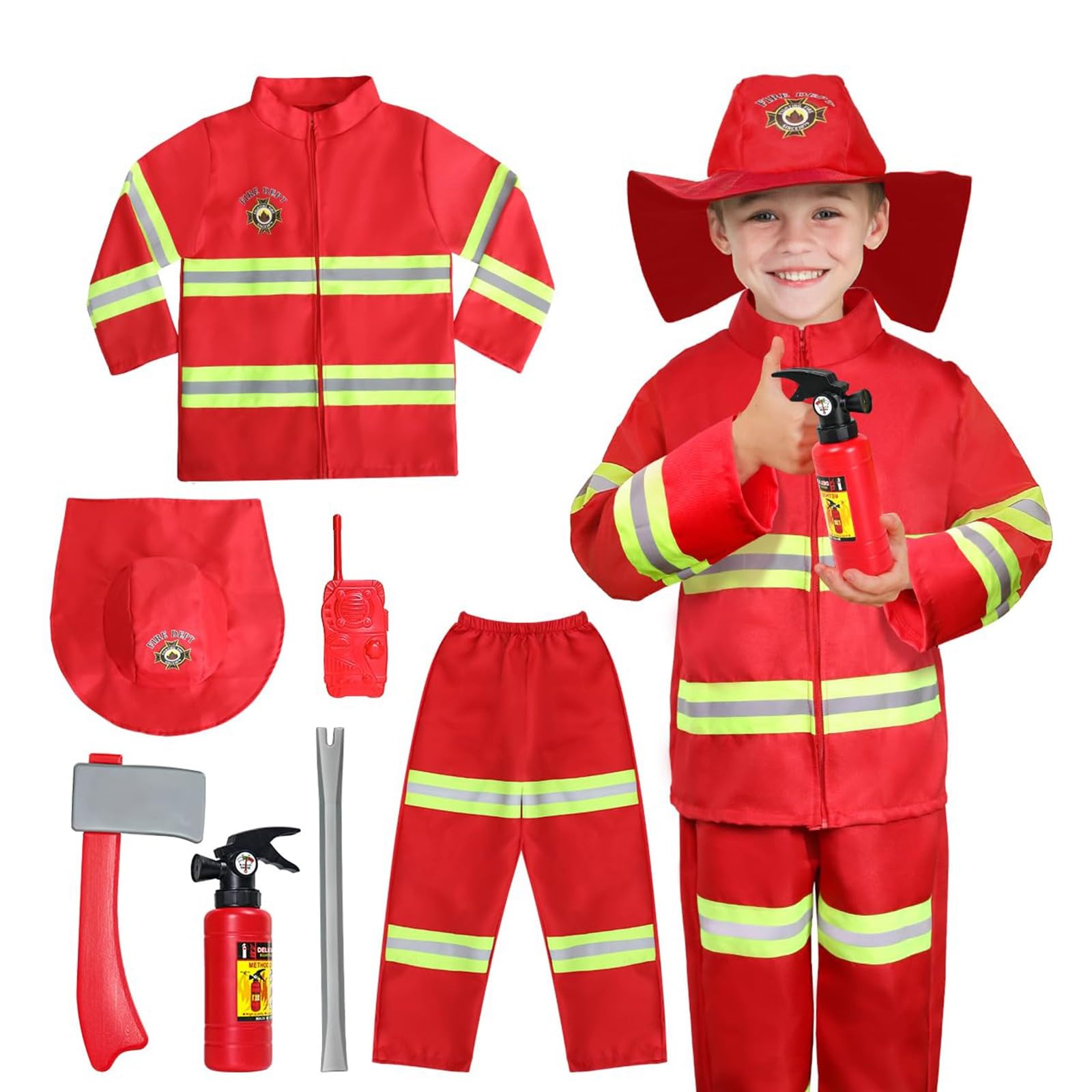Kids Fireman Costume Kids Firefighter Costume And Accessories, Children Role Play Halloween Costumes Dress Up Pretend Play Toys For Boysr Boys And Girls (Red-a, 5-6 Years)