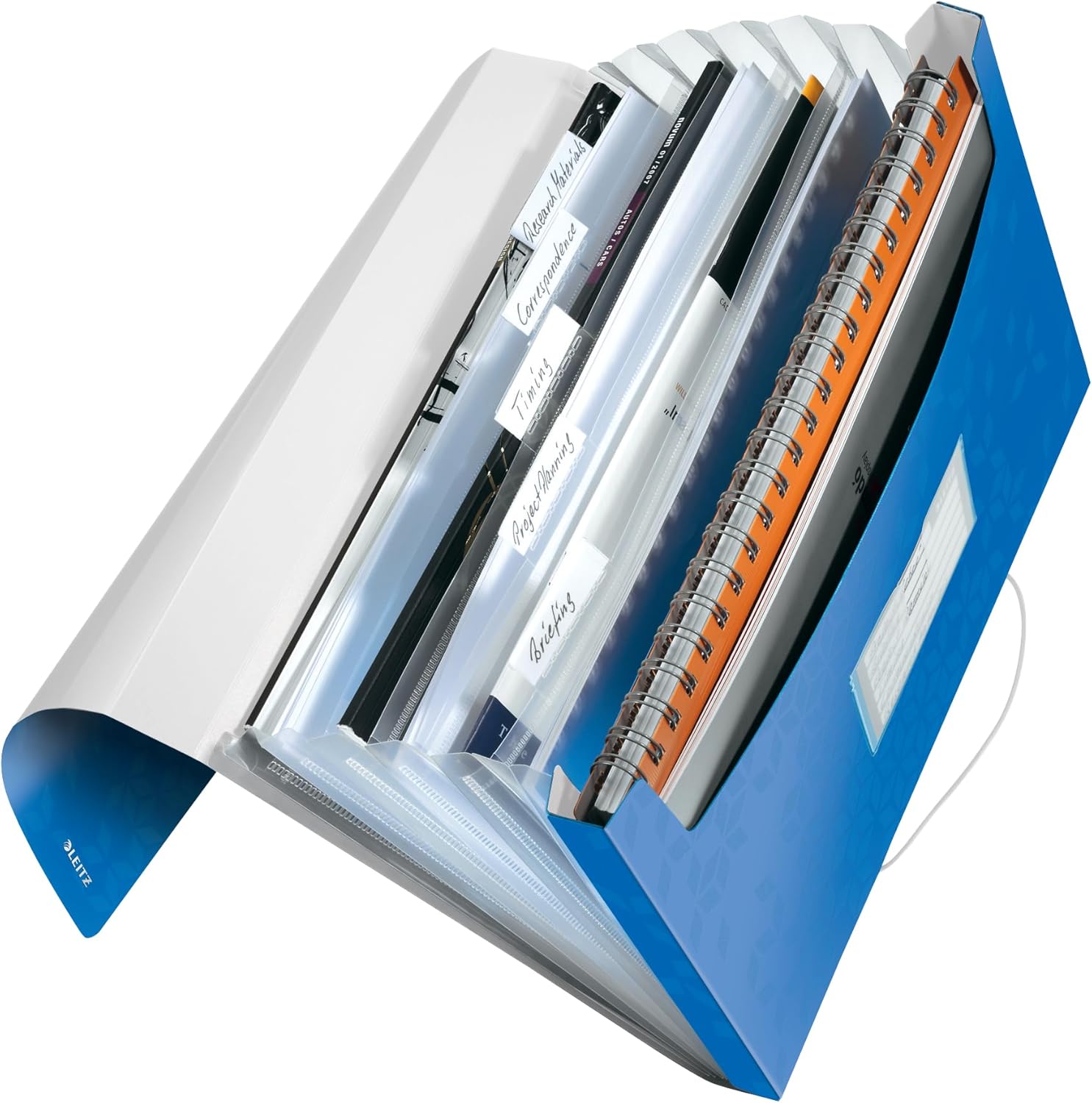 Leitz A4 Expanding File with 6 Compartments, Elastic Band Fastener, Metallic Blue, Wow Range, 45890036