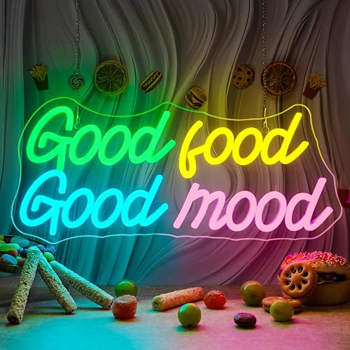Looklight Good Food Good Mood Neon Sign Letter Neon Signs for Wall Decor Colorful Led Lights for Kitchen