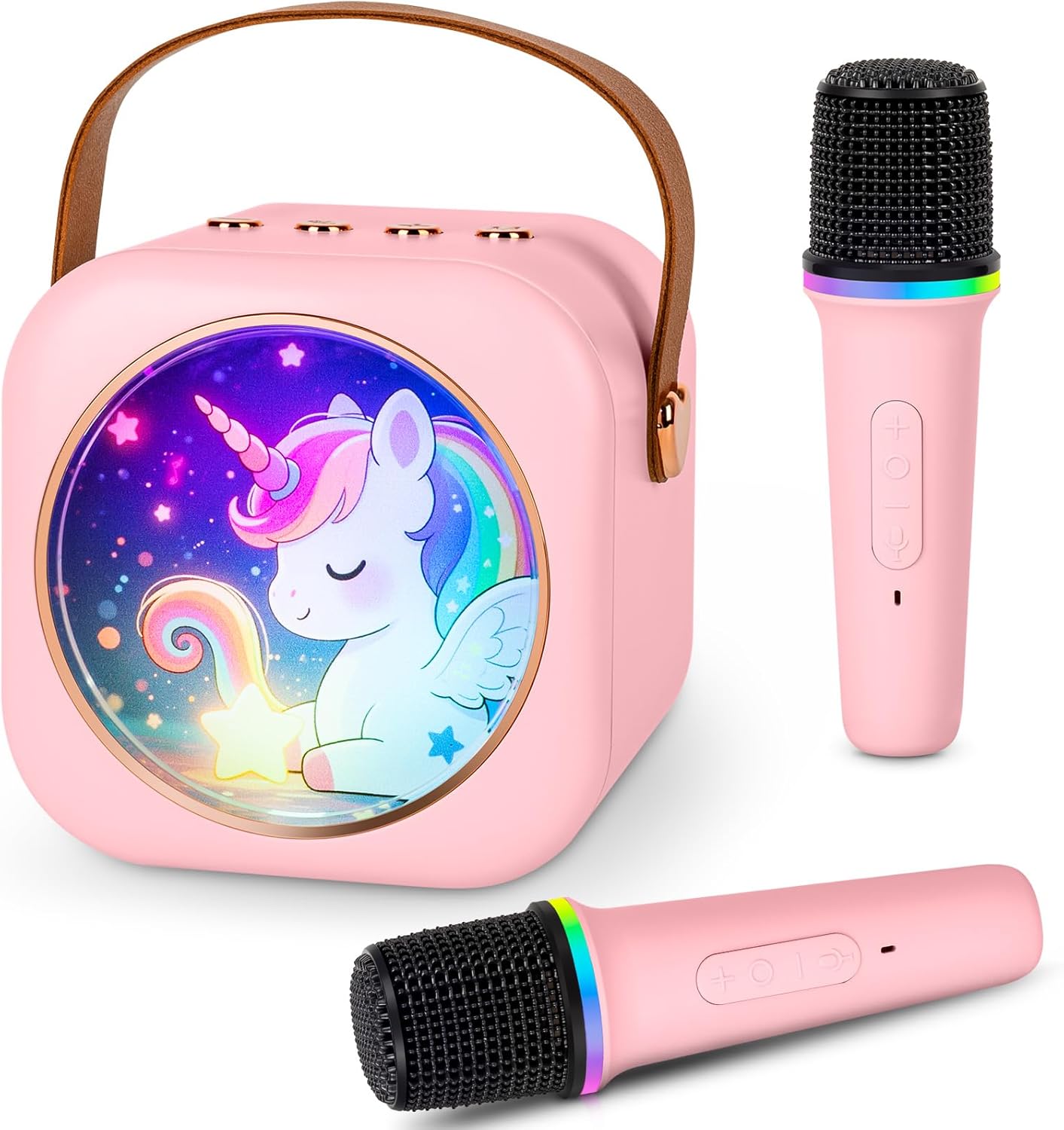 Mini Karaoke Machine with 2 Wireless Microphones, Portable Bluetooth Speaker for Kids & Adults, Ideal Birthday for Girls Boys Ages 3-12, Home Party Travel Entertainment Toy(Pink)