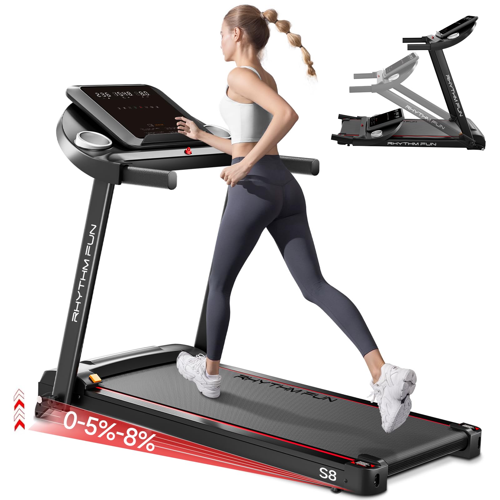 Photo 1 of FACTORY SEALED
RHYTHM FUN 8.0 MPH Treadmills for Home, Running Walking Pad Treadmill with Incline up to 8%, Foldable Treadmill with Handle Bar, Low Noise Walking Pad for 300 lbs