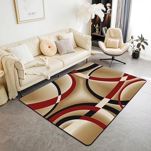 Alfombra geométrica circular de 5 x 6 pies 6 pulgadas, líneas rojas, negras y marrones, alfombra antideslizante decorativa para dormitorio, oficina,