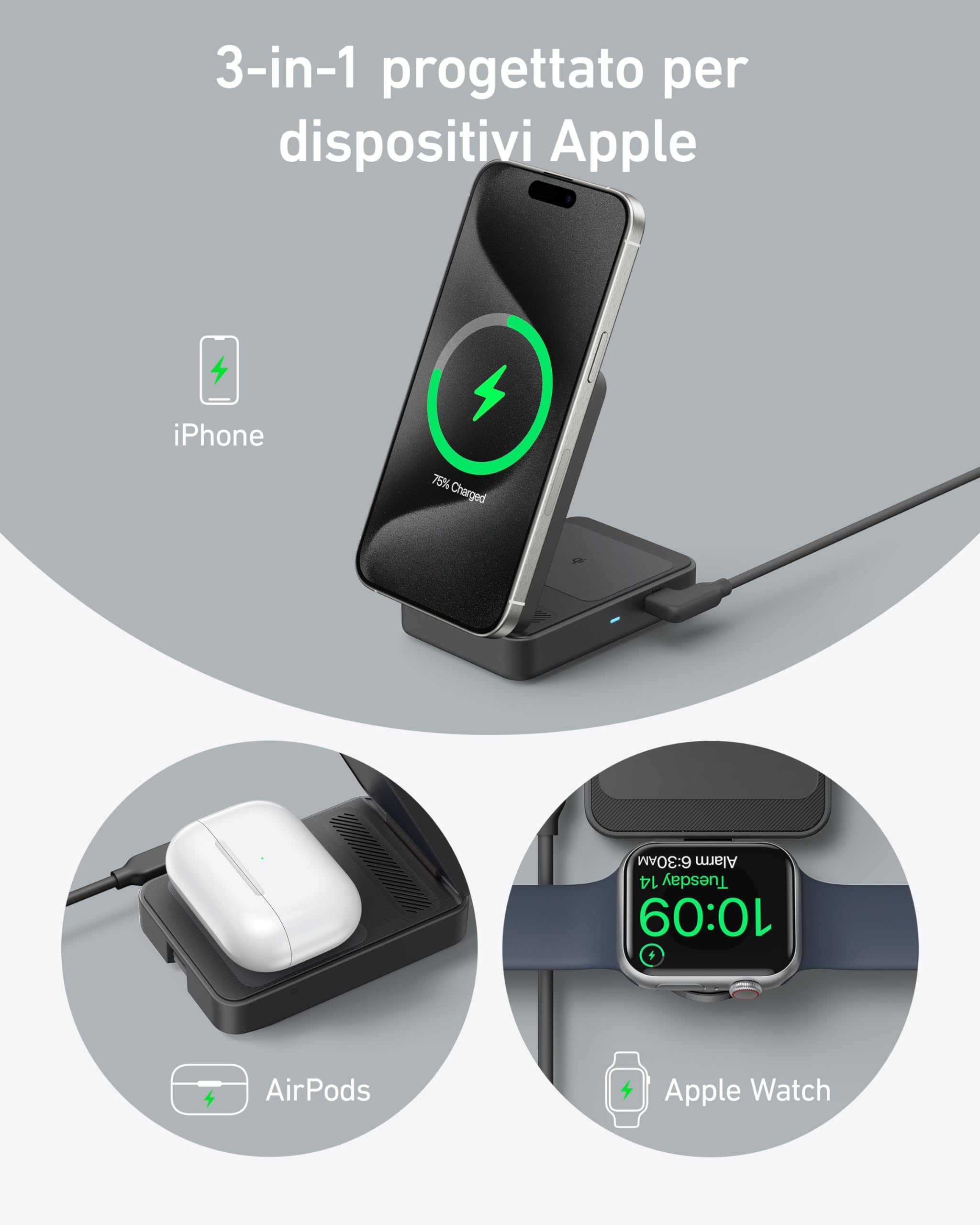 Anker MagGo Caricatore Wireless iPhone 15W, Base di Ricarica 3 in 1 con MagSafe, Certificato Qi2 Ultra-Rapido, per iPhone 17/16/15/14, AirPods Pro, Apple Watch 9/8/SE (Caricatore USB-C da 40W Incluso)