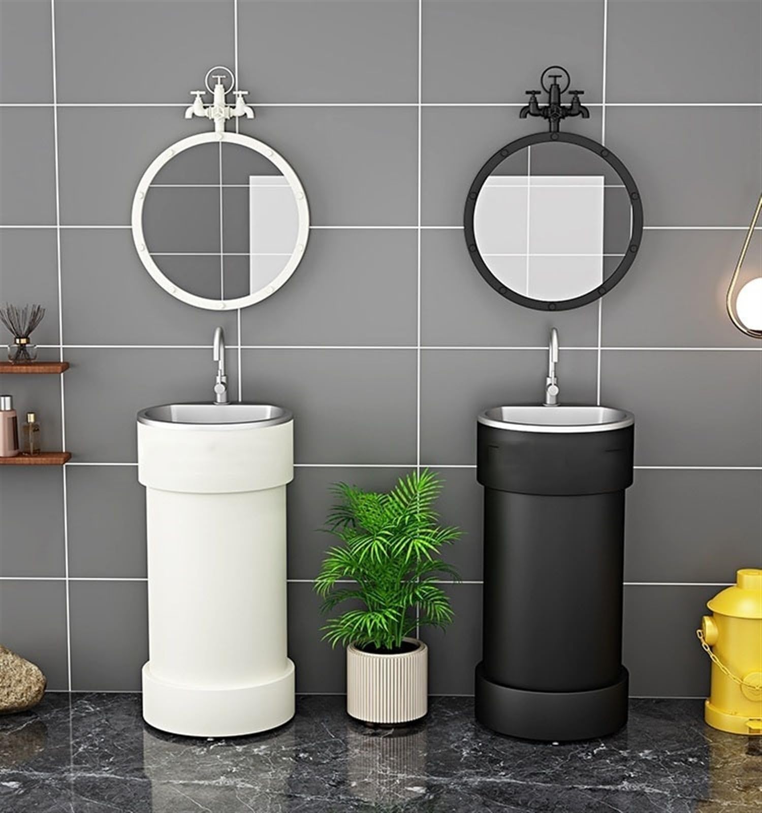 Lavabo da Bagno Moderno A Colonna Autoportante con Base in Acciaio Inox, Forma Rotonda per Bagno Residenziale E Commerciale, Design Elegante, Nero.,Red