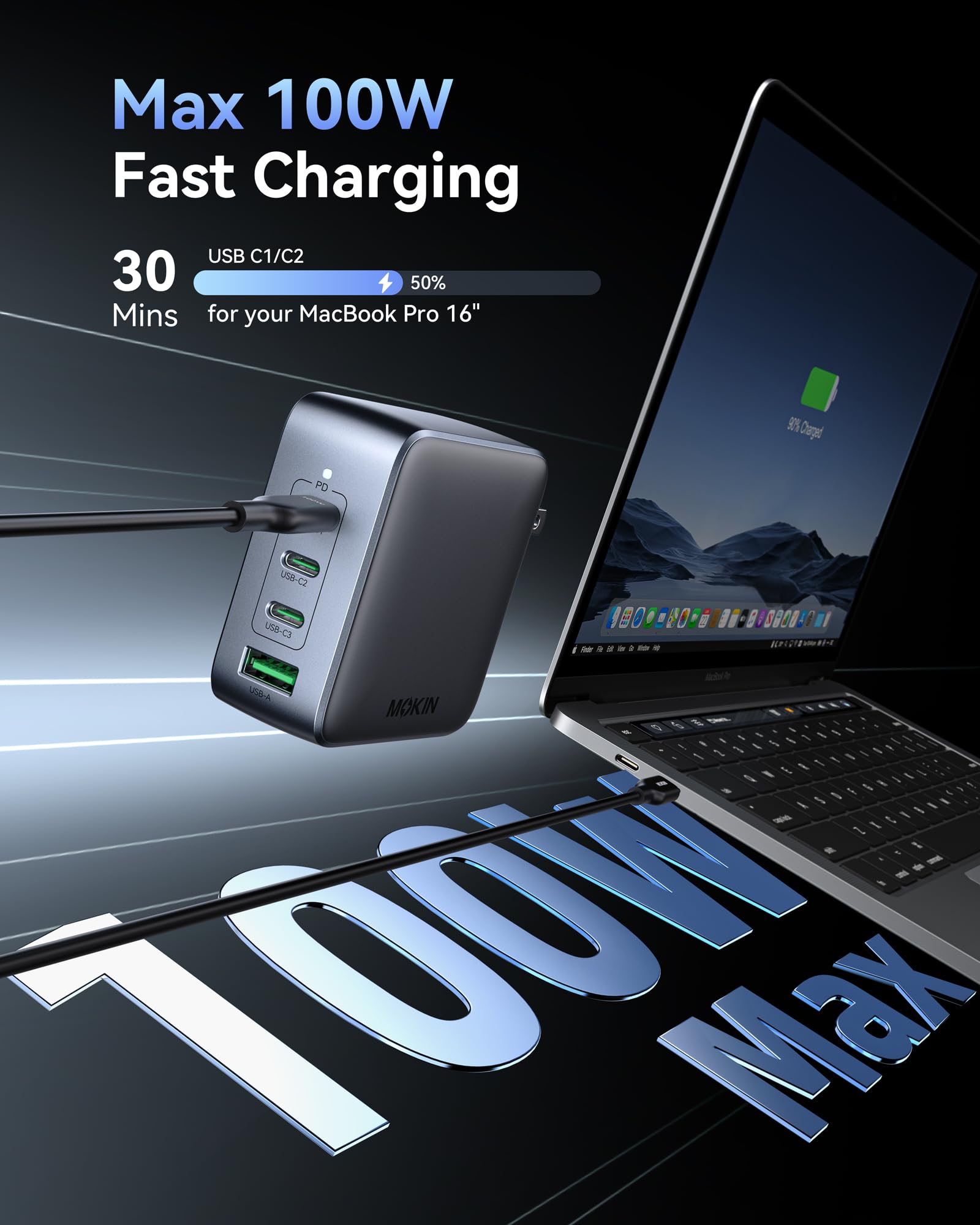 Cargador USB C de 100 W, cargador GaN de 4 puertos USB C estación de carga rápida plegable cargador de pared compacto adaptador de corriente para MacBook Pro/Air, Dell XPS, iPad Pro, iPhone 16/15,