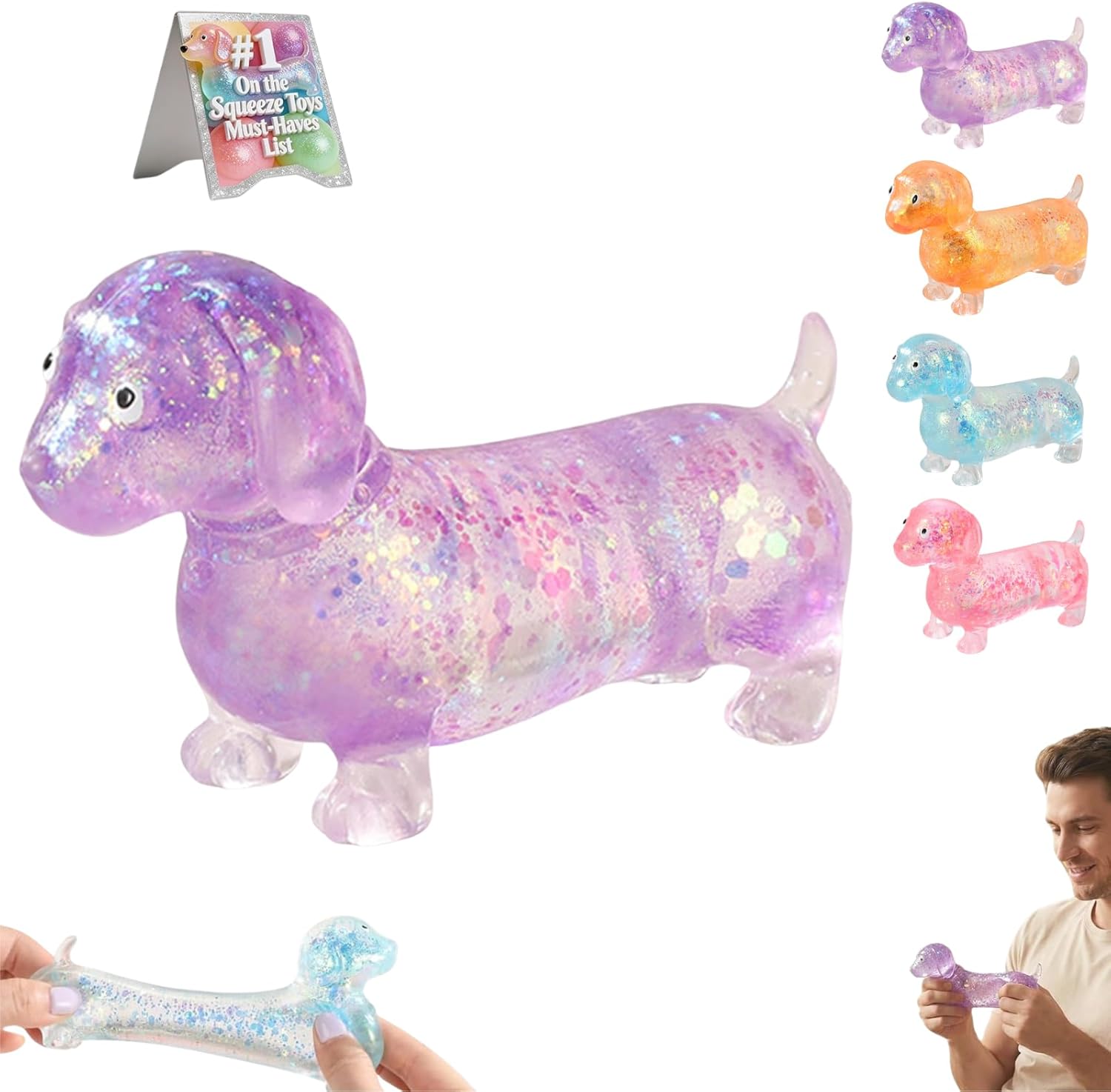 Dachshund Squishy, Glitter Weiner Dog Squishy, Sausage Dogs Stress Toy Slow Rising Gel Relief Ball Cute Soft Sparkling Weenie Sensory, Anxiety Relief Decompression Gift for Adults (Purple)