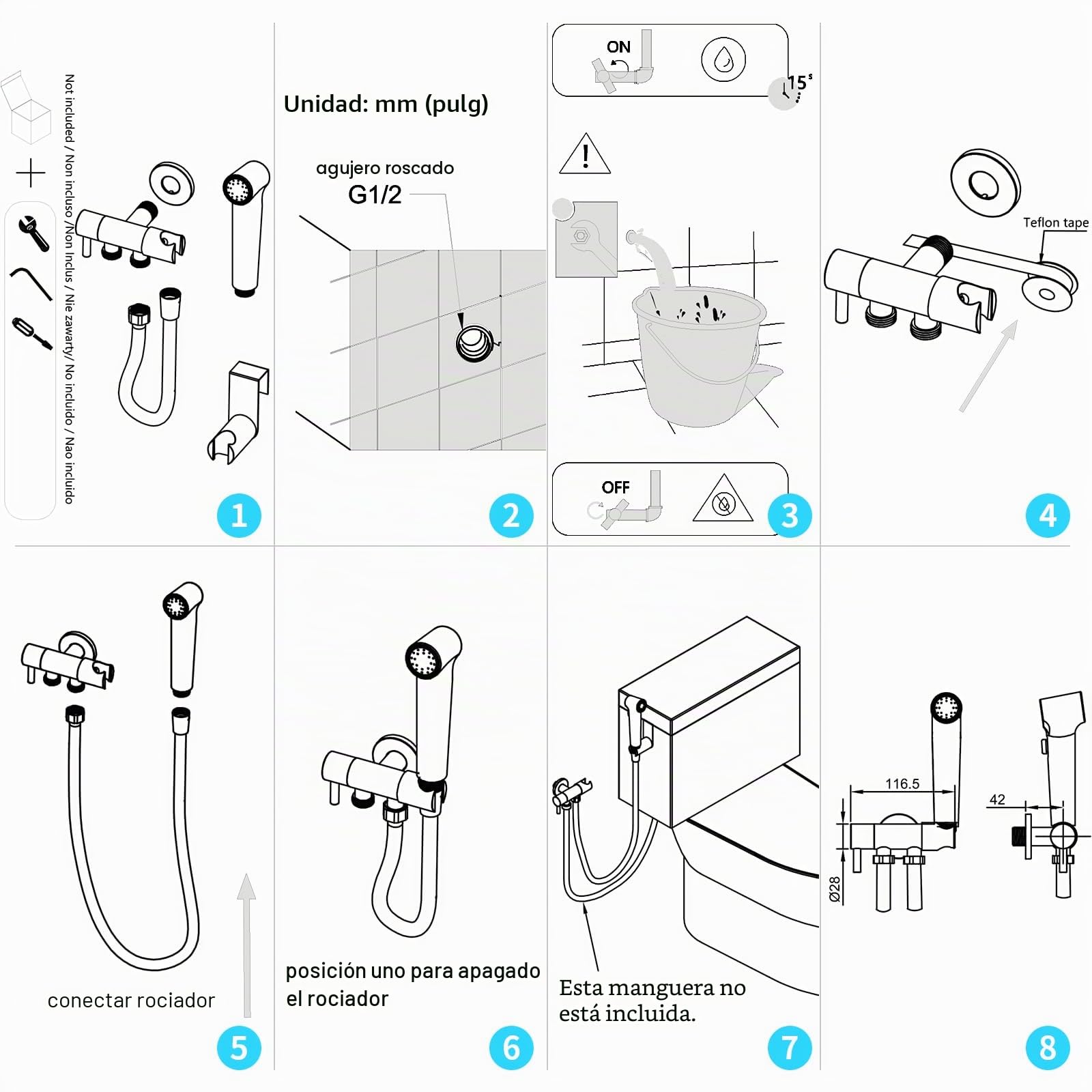CREA Ducha Bidet para WC,Grifo Bidet Negro,Pulverizador Ducha Higiénica para Baño, Grifo para el váter con ducha de mano, Juego Ducha Higienica para WC de Mano, Negro Mate | Con ducha de mano con manguera flexible de 1,2 m y soporte, juego de ducha de bid